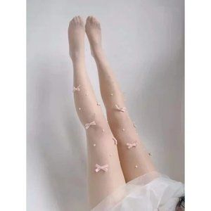 Women's Faux Pearl & Bow Decor Fashion Tights High For Party White 1pair